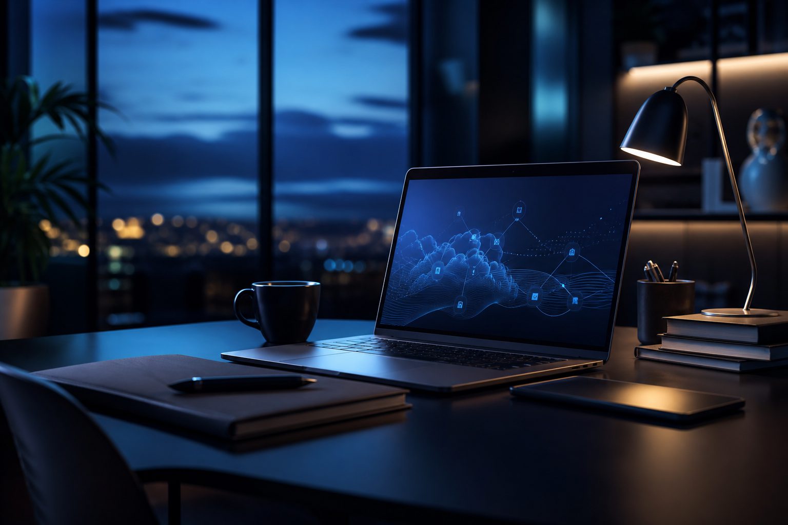 Blue-hour technology workspace with laptop, notebook, coffee, and abstract workflow visuals.